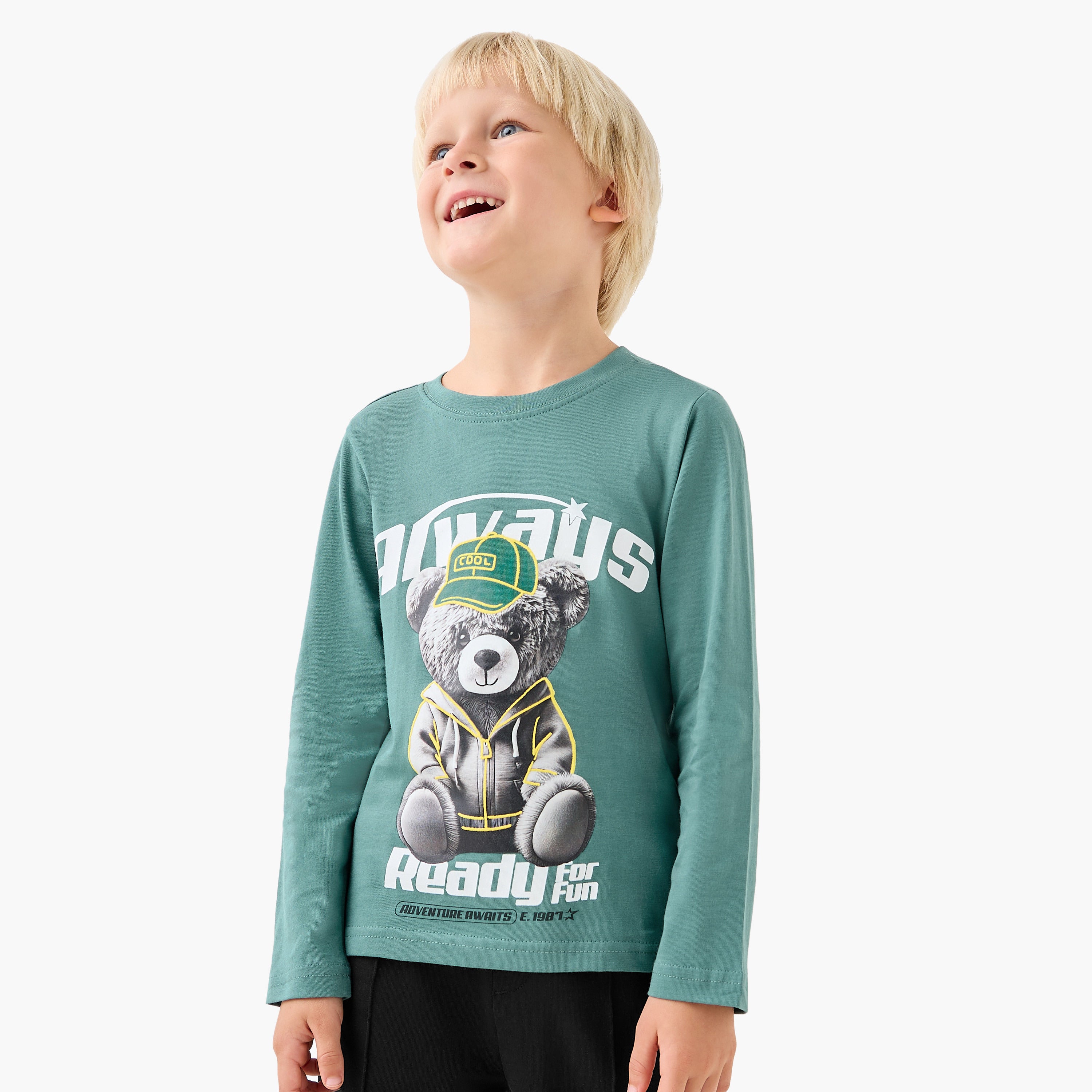 Juniors Boys Crew Neck T-shirt with Teddy Bear Print - Cotton - Long Sleeves - Green / 1-2 yrs