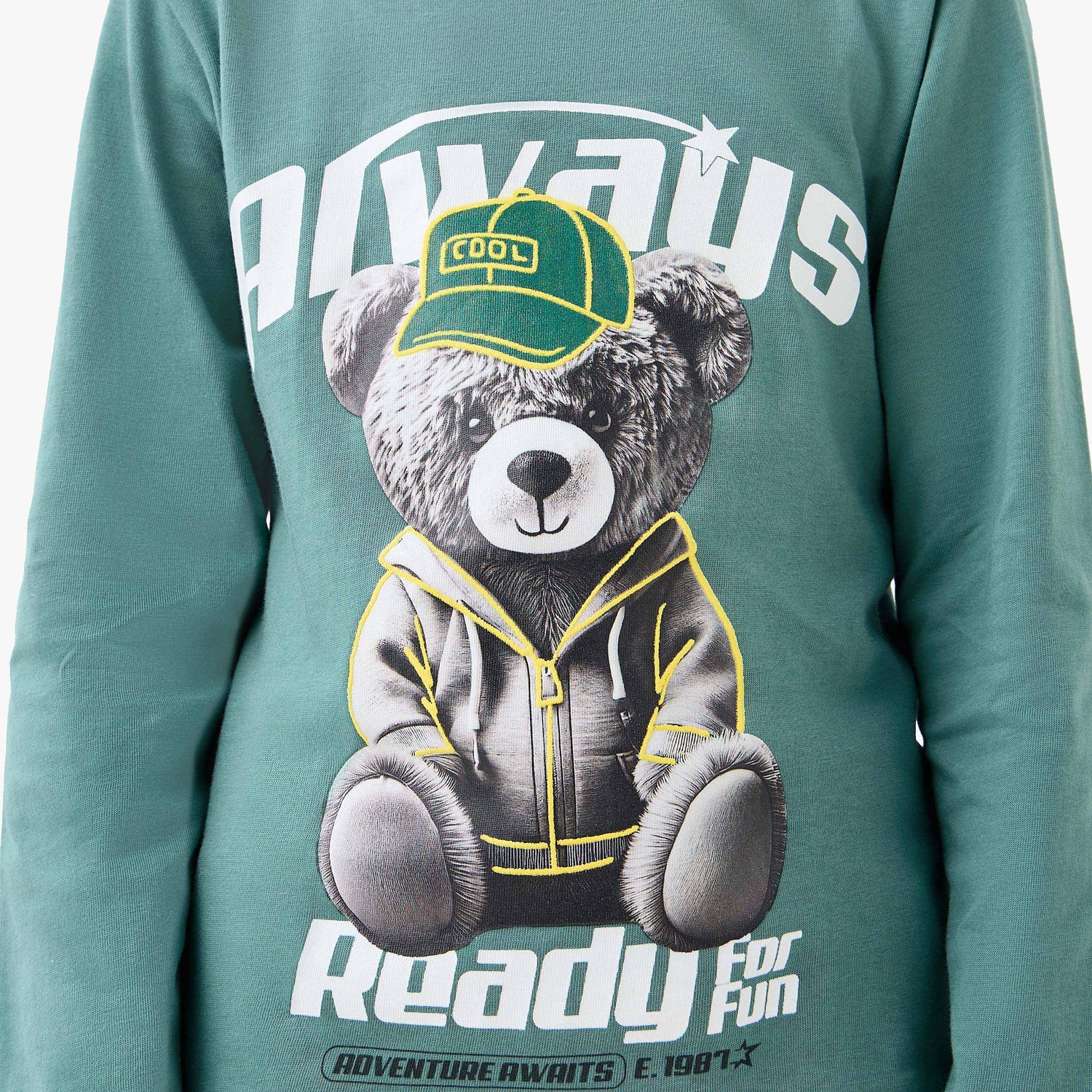 Juniors Boys Crew Neck T-shirt with Teddy Bear Print - Cotton - Long Sleeves