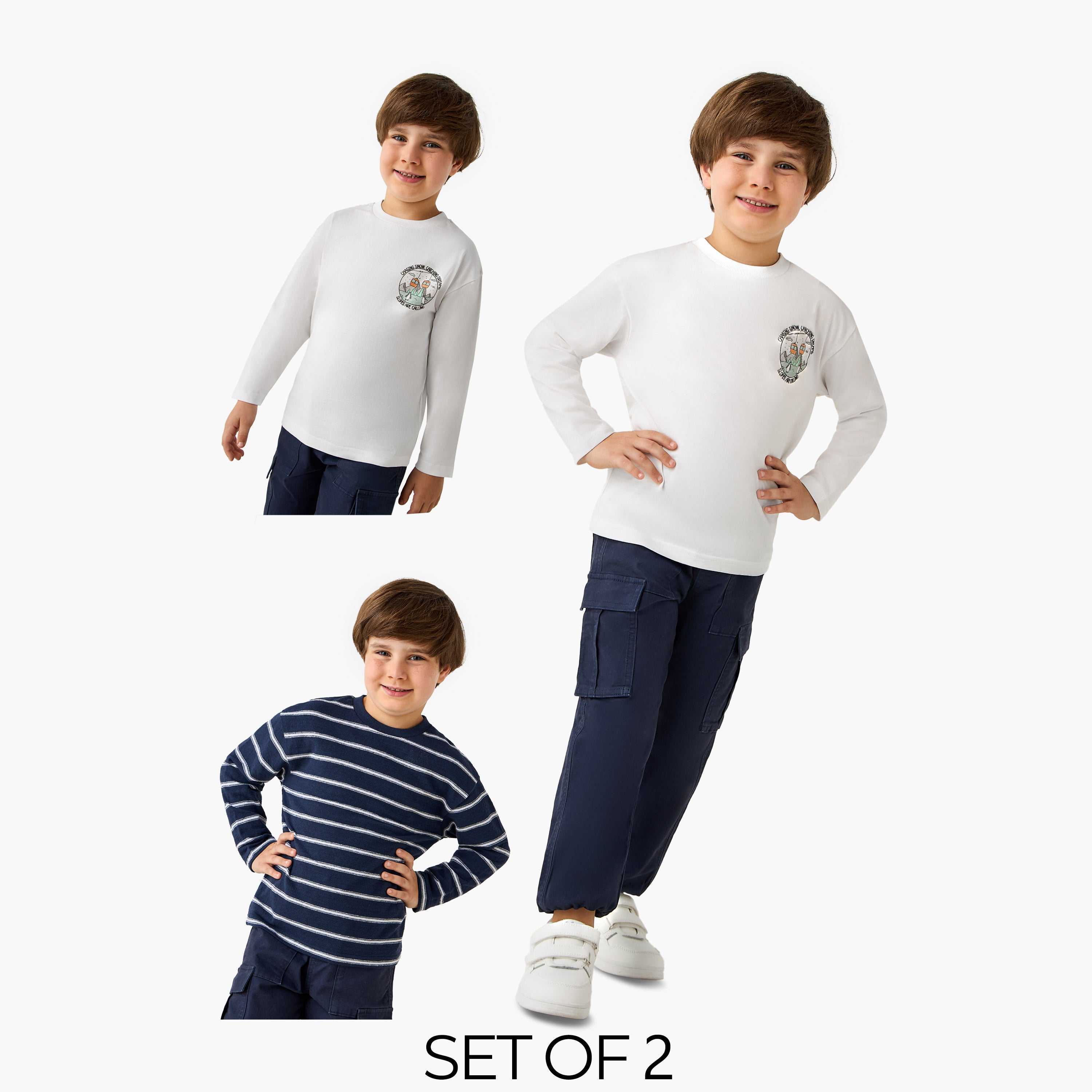Juniors Boys Crew Neck T-shirt - Cotton - Long Sleeves - Set of 2