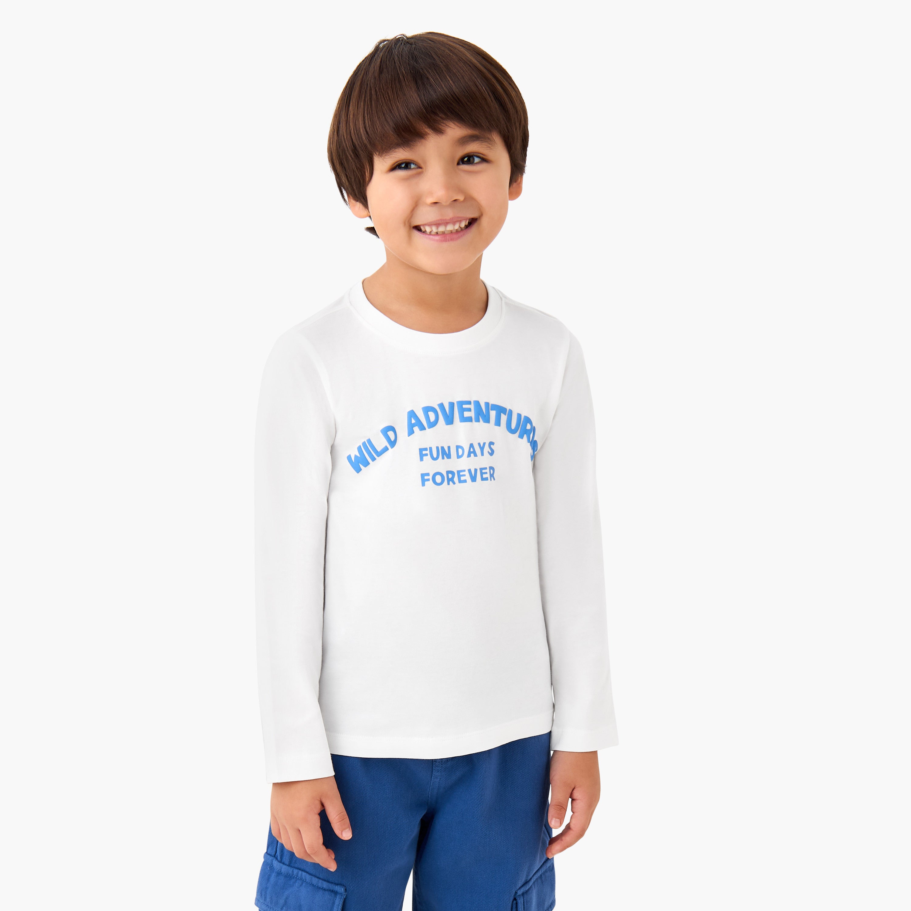 Juniors Boys Crew Neck T-shirt with Slogan Print - Cotton - Long Sleeves - White / 1-2 yrs