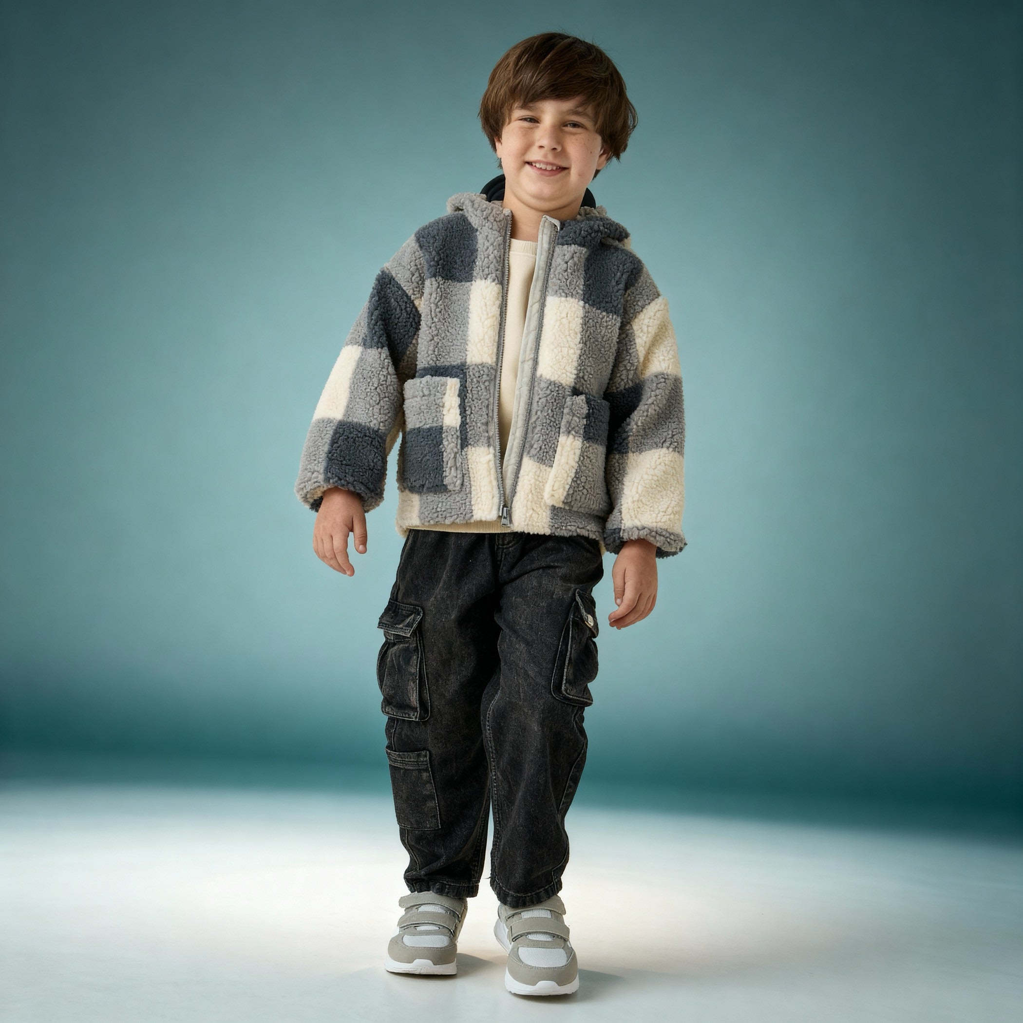 Juniors Checked Hooded Jacket with Long Sleeves