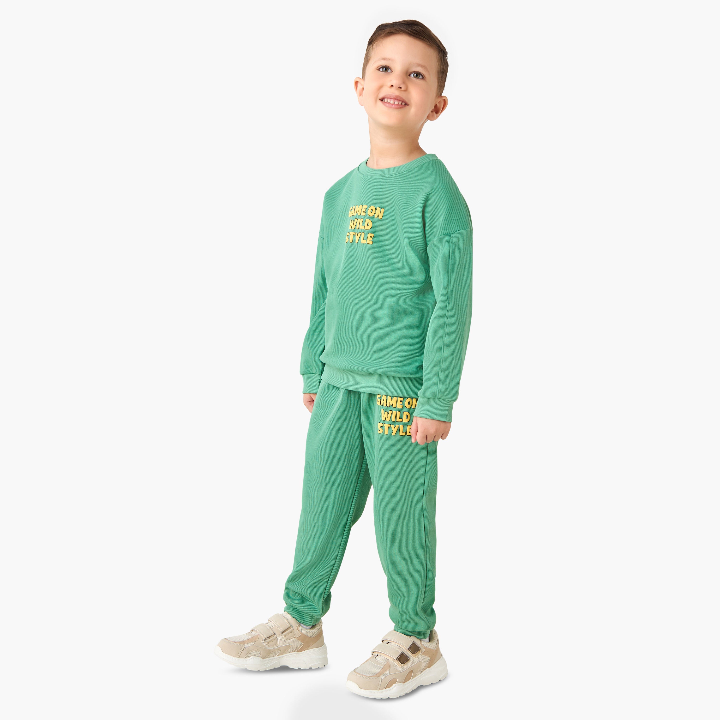 Juniors Boys Sweatshirt and Joggers Set with Slogan Print - Cotton - Long Sleeves - Crew Neck - Green / 6-7 yrs