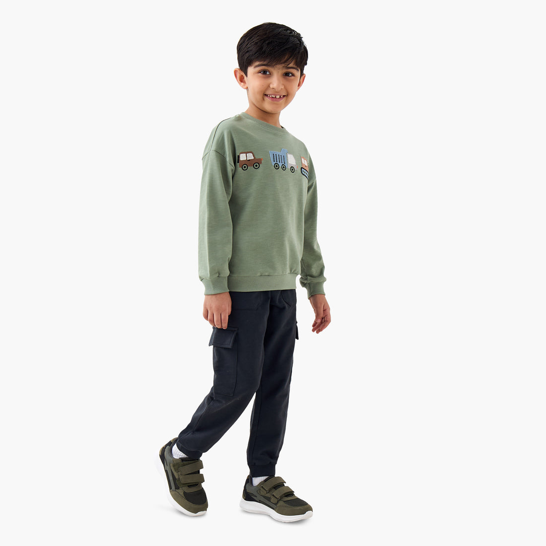 Juniors Boys Sweatshirt and Cargo Joggers Set with Embroidery - Cotton - Long Sleeves - Crew Neck - Multicolour / 1-2 yrs