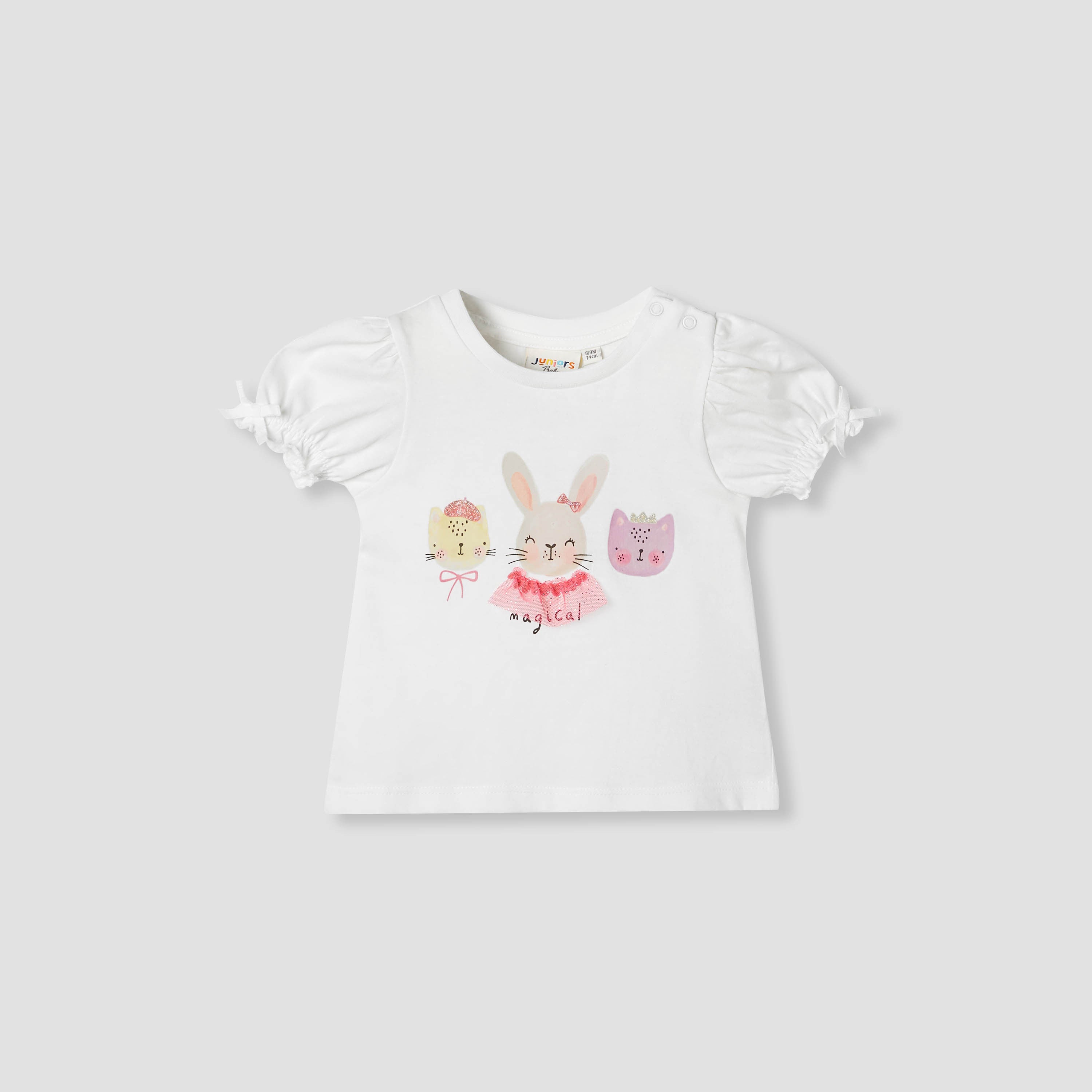 Juniors Printed T-shirt with Puff Sleeves - White / 12-18 mths