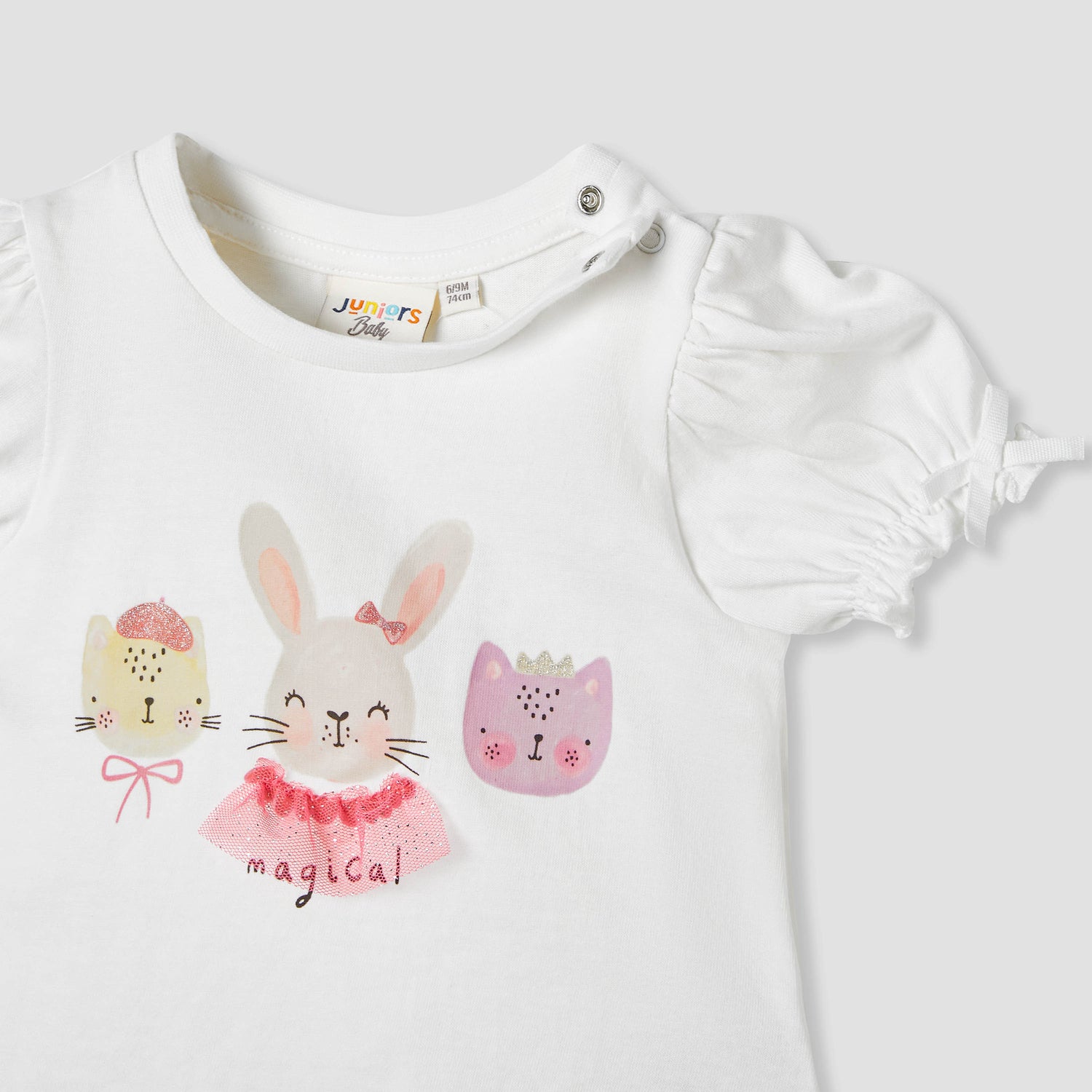 Juniors Printed T-shirt with Puff Sleeves