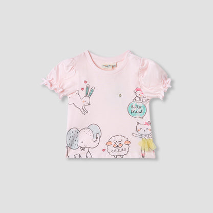 Juniors Printed T-shirt with Puff Sleeves - Pink / 12-18 mths
