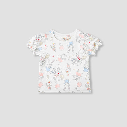 Juniors Printed T-shirt with Puff Sleeves - White / 12-18 mths