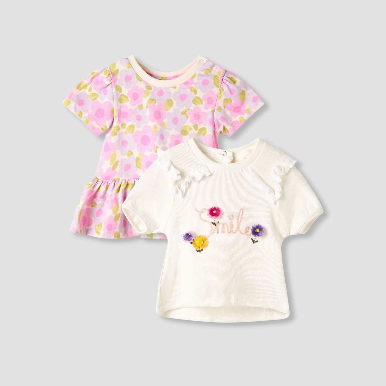 Set of 2 Juniors Round Neck Short Sleeve T-shirts with Floral Print - Multicolour / 12-18 mths