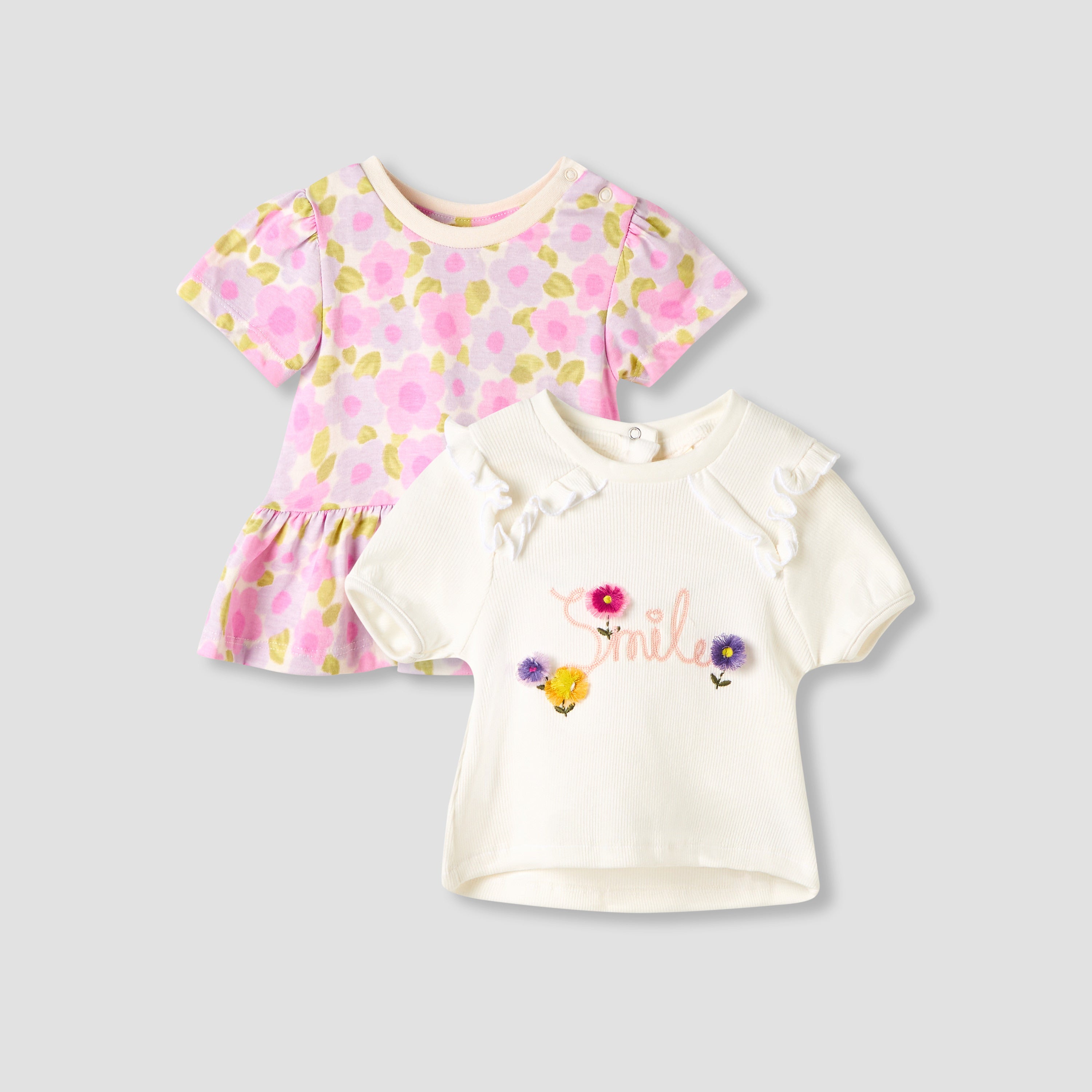 Set of 2 Juniors Round Neck Short Sleeve T-shirts with Floral Print - Multicolour / 12-18 mths