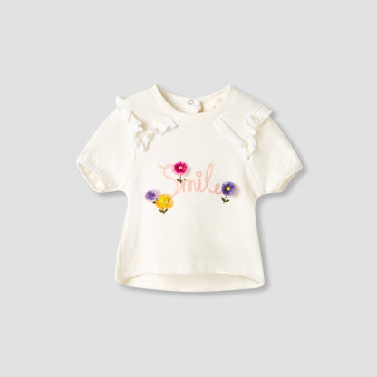 Set of 2 Juniors Round Neck Short Sleeve T-shirts with Floral Print