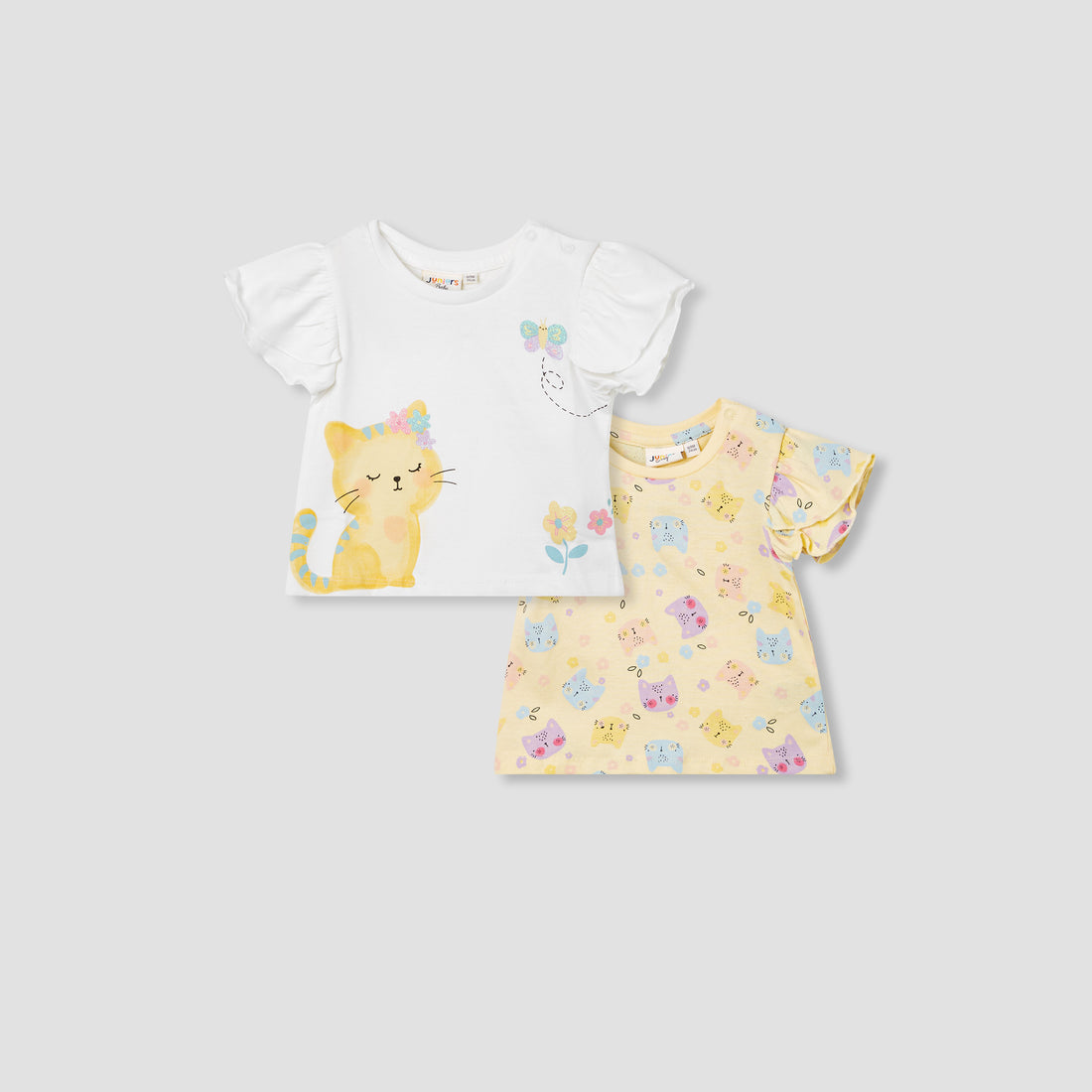 Juniors Cat Print T-shirt with Flutter Sleeves - Set of 2 - Multicolour / 12-18 mths