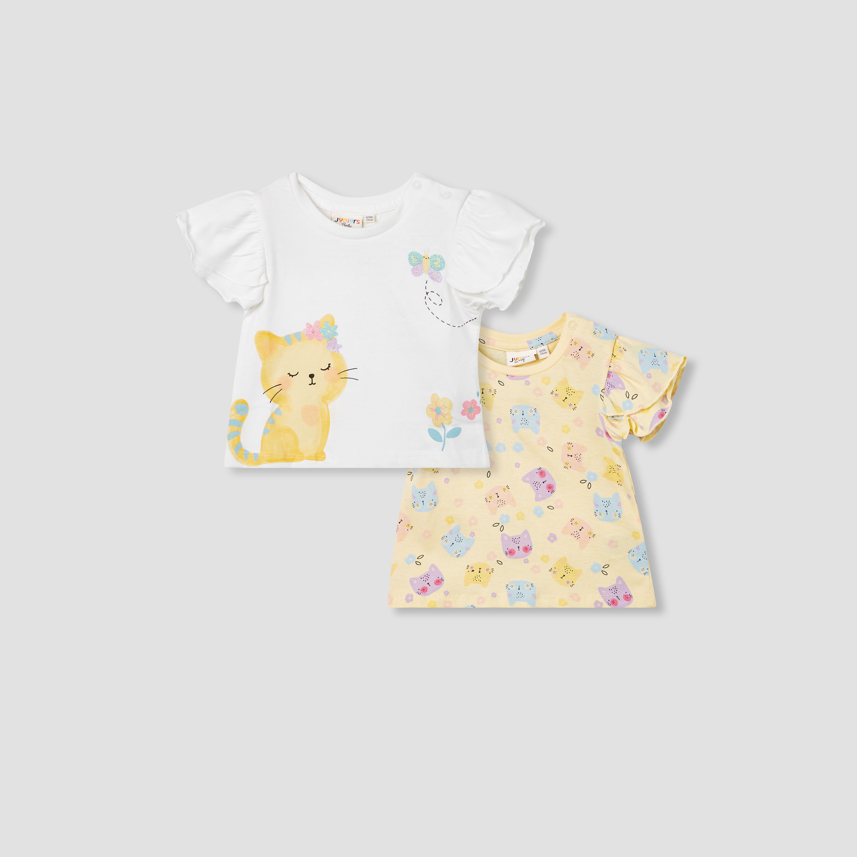 Juniors Cat Print T-shirt with Flutter Sleeves - Set of 2 - Multicolour / 12-18 mths