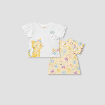 Juniors Cat Print T-shirt with Flutter Sleeves - Set of 2 - Multicolour / 12-18 mths
