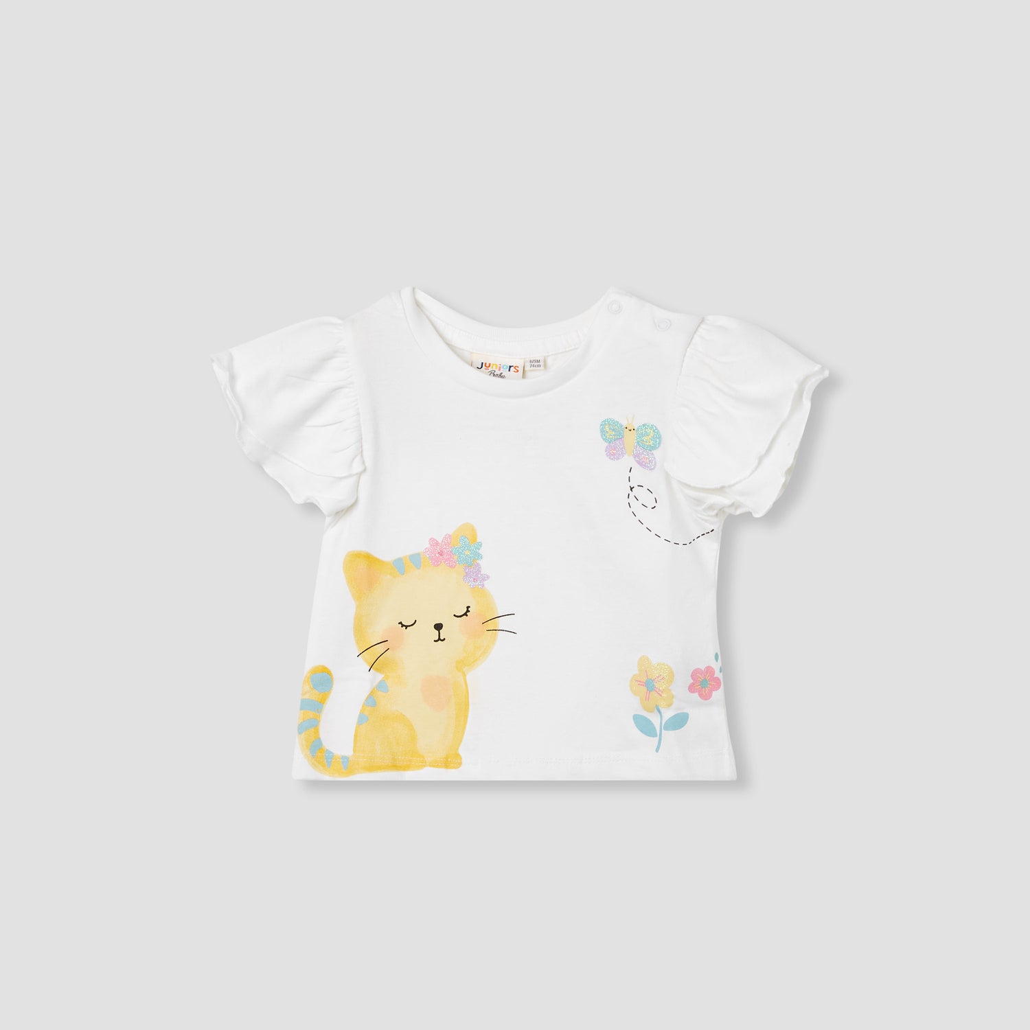 Juniors Cat Print T-shirt with Flutter Sleeves - Set of 2