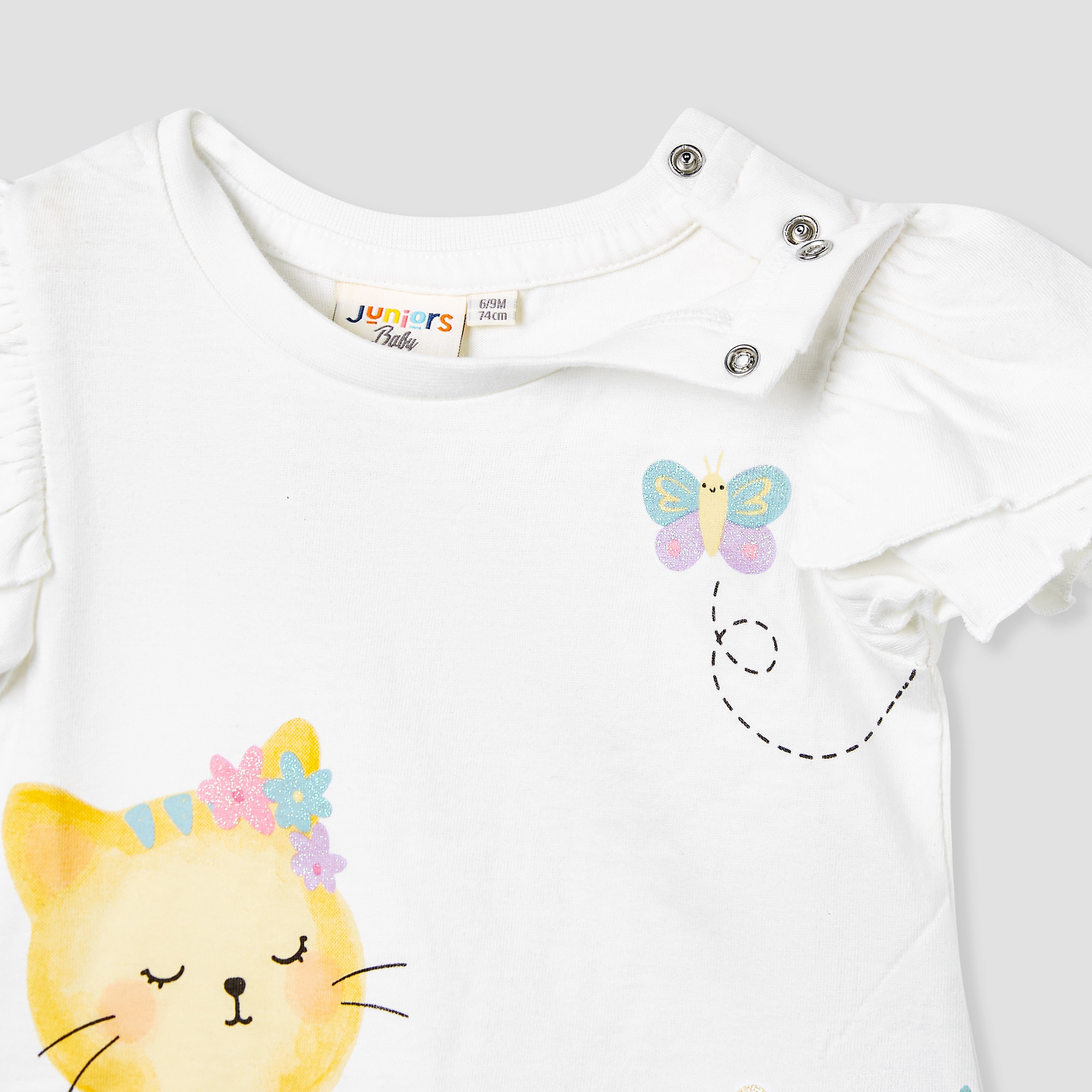 Juniors Cat Print T-shirt with Flutter Sleeves - Set of 2