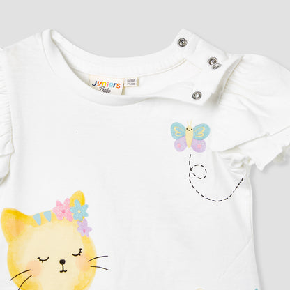 Juniors Cat Print T-shirt with Flutter Sleeves - Set of 2