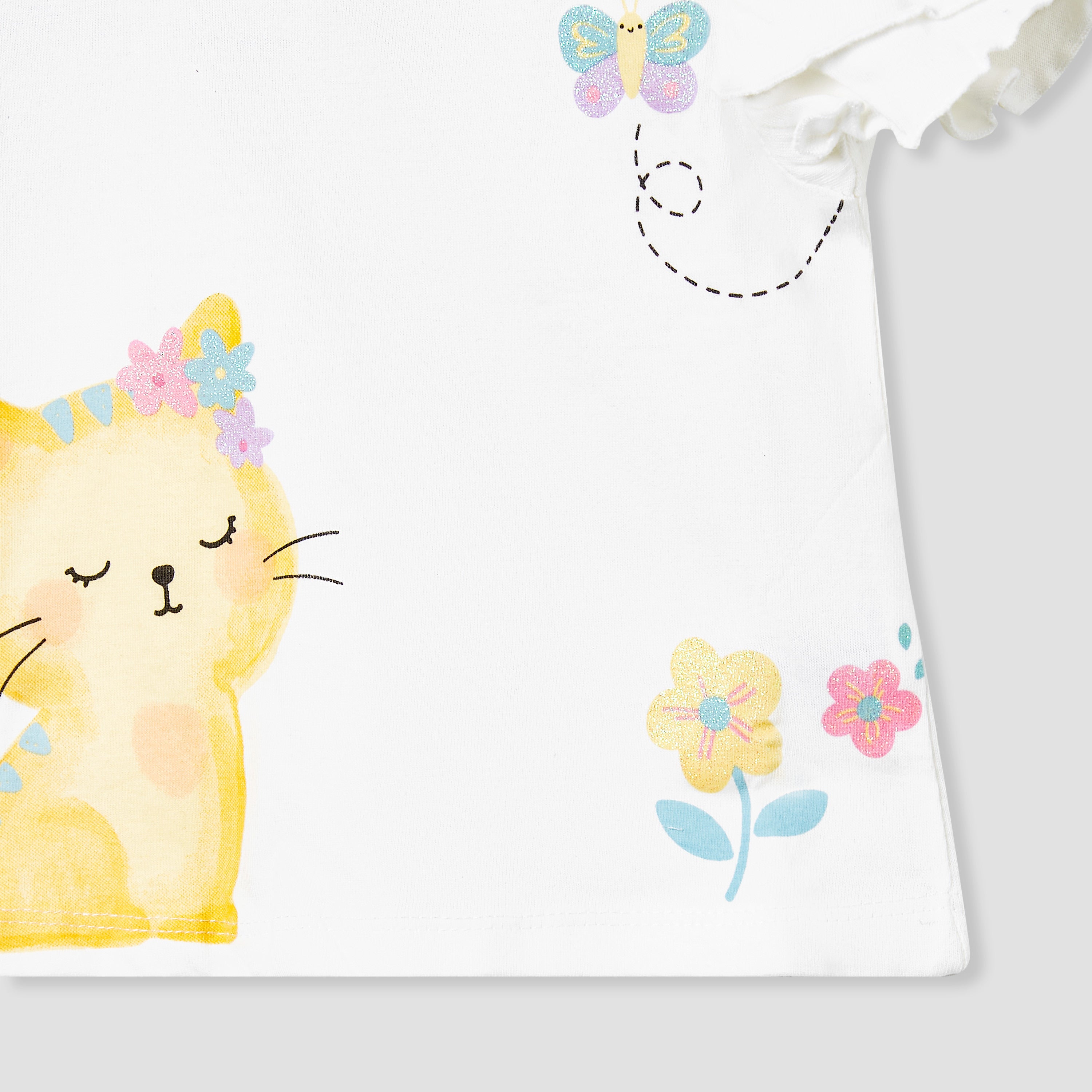 Juniors Cat Print T-shirt with Flutter Sleeves - Set of 2