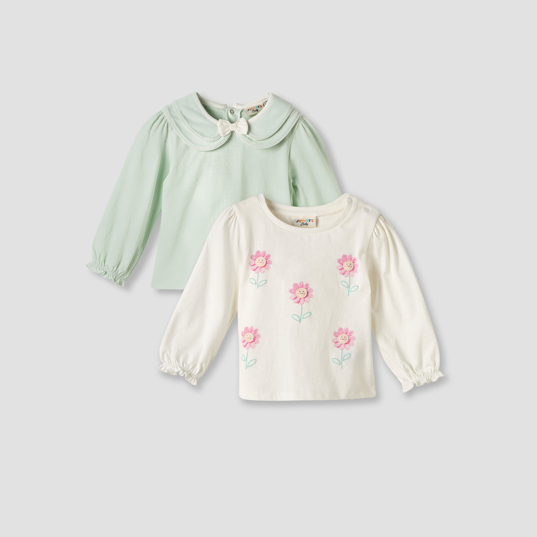 Set of 2 Juniors Round Neck Long Sleeve T-shirts with Floral Print - Multicolour / 12-18 mths
