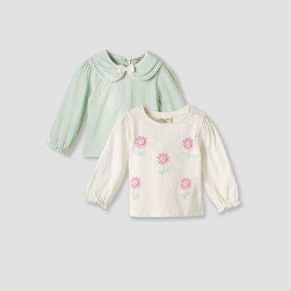 Set of 2 Juniors Round Neck Long Sleeve T-shirts with Floral Print - Multicolour / 12-18 mths