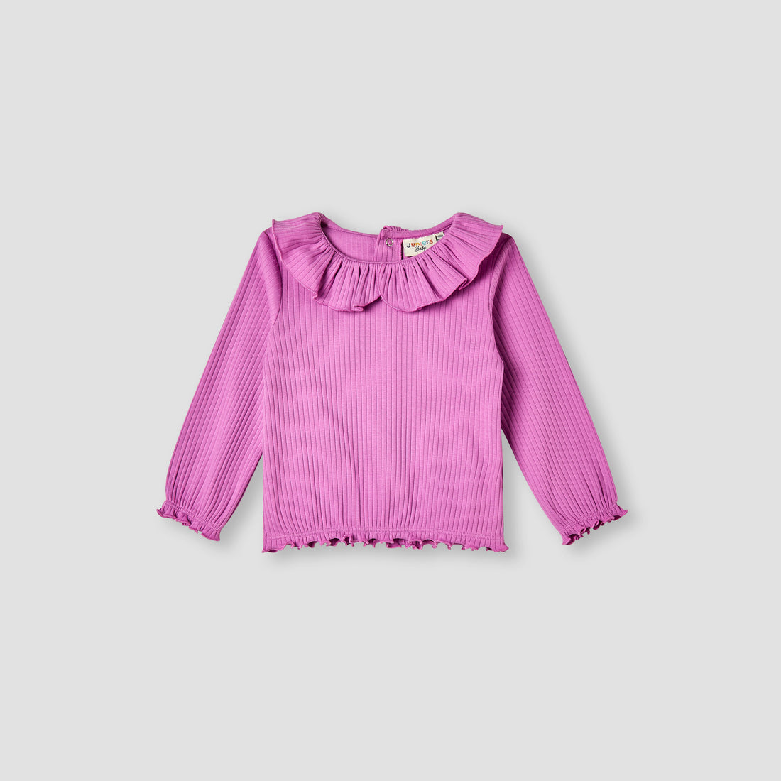Juniors Ribbed Ruffle Collar Top with Long Sleeves - Pink / 12-18 mths