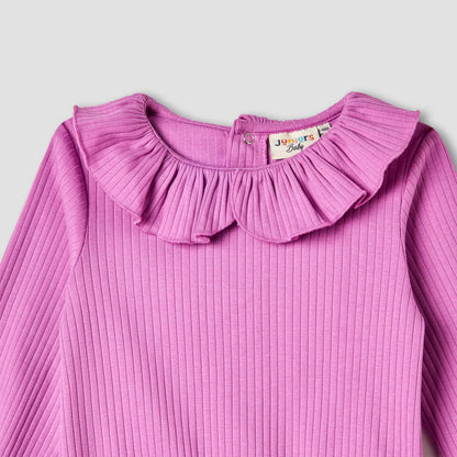 Juniors Ribbed Ruffle Collar Top with Long Sleeves