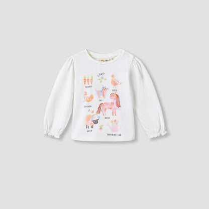 Juniors Girls Round Neck T-shirt with Graphic Print - Cotton - Long Sleeves - White / 12-18 mths