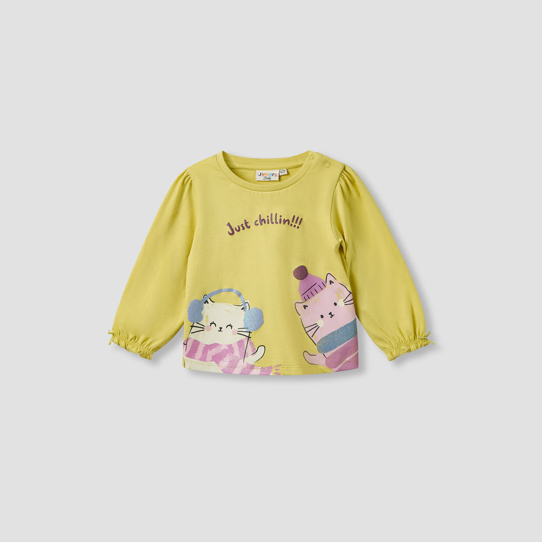Juniors Girls Round Neck T-shirt with Cat Print - Cotton - Long Sleeve - Green / 12-18 mths