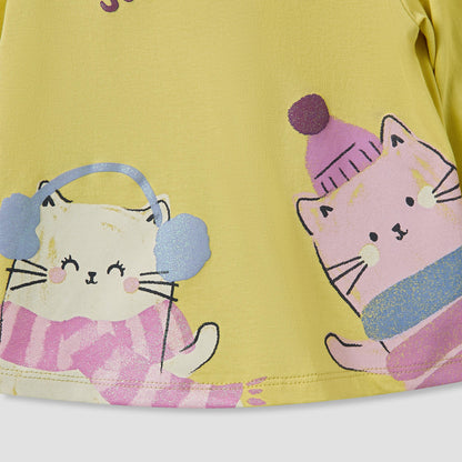 Juniors Girls Round Neck T-shirt with Cat Print - Cotton - Long Sleeve