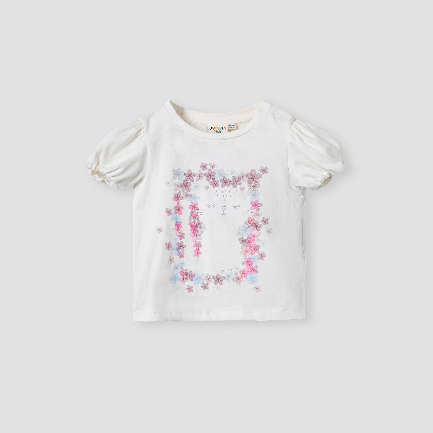 Juniors Floral Print T-shirt with Puff Sleeves - White / 12-18 mths