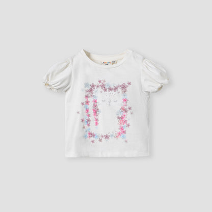 Juniors Floral Print T-shirt with Puff Sleeves - White / 12-18 mths