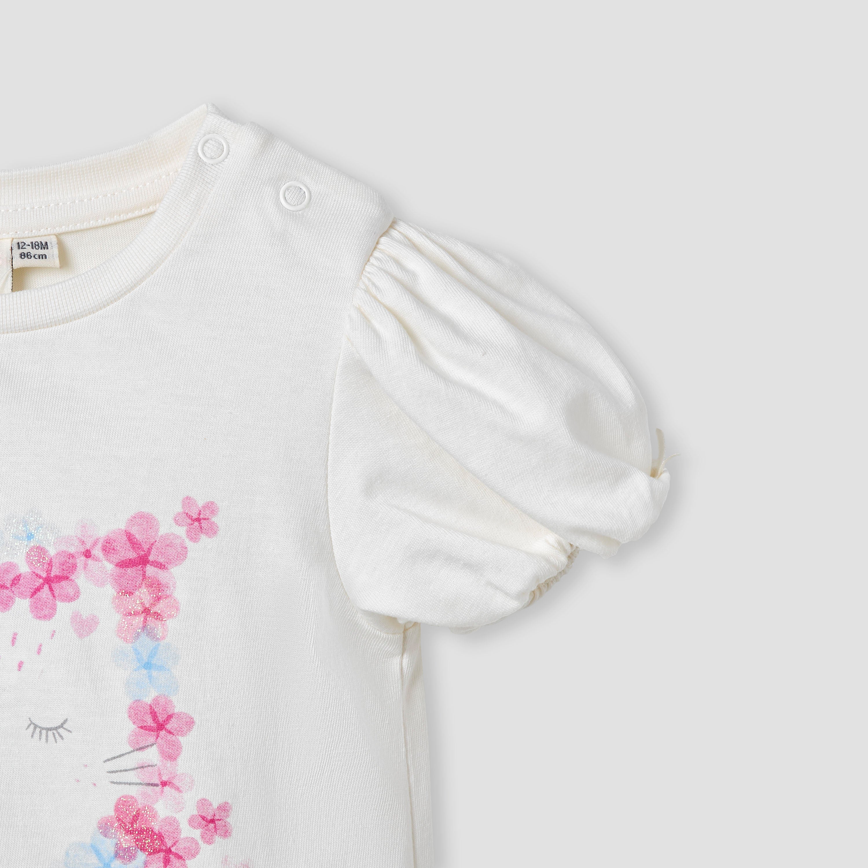 Juniors Floral Print T-shirt with Puff Sleeves