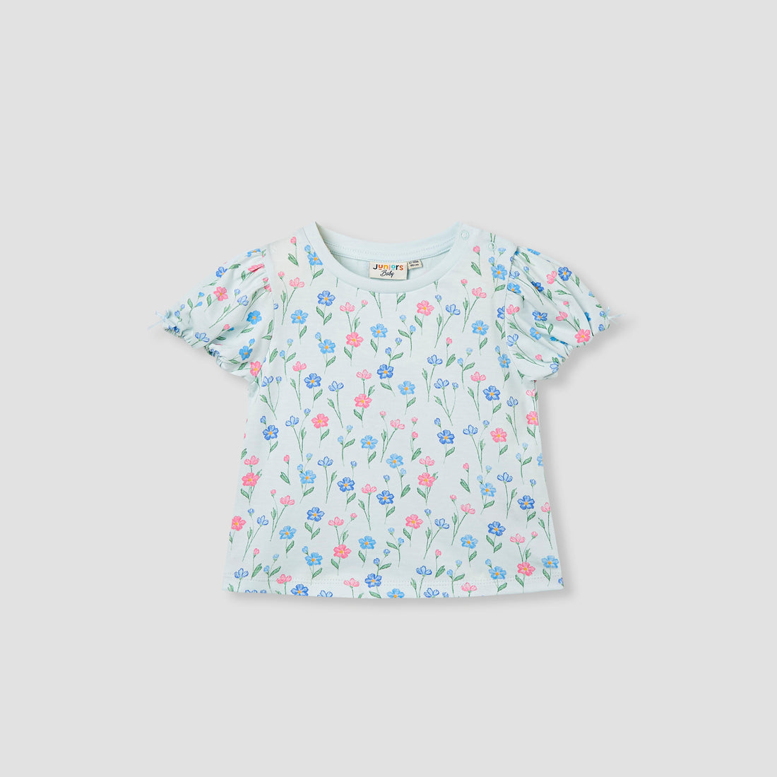 Juniors Floral Print Top with Puff Sleeves - Blue / 12-18 mths