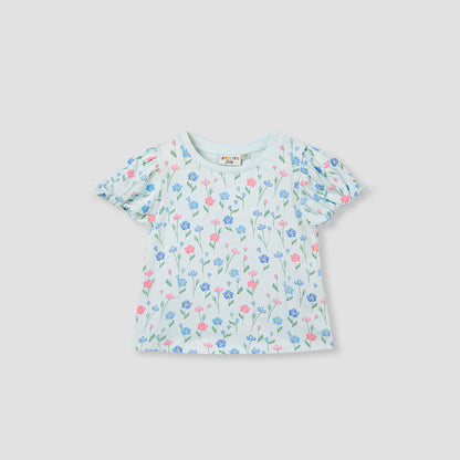 Juniors Floral Print Top with Puff Sleeves - Blue / 12-18 mths