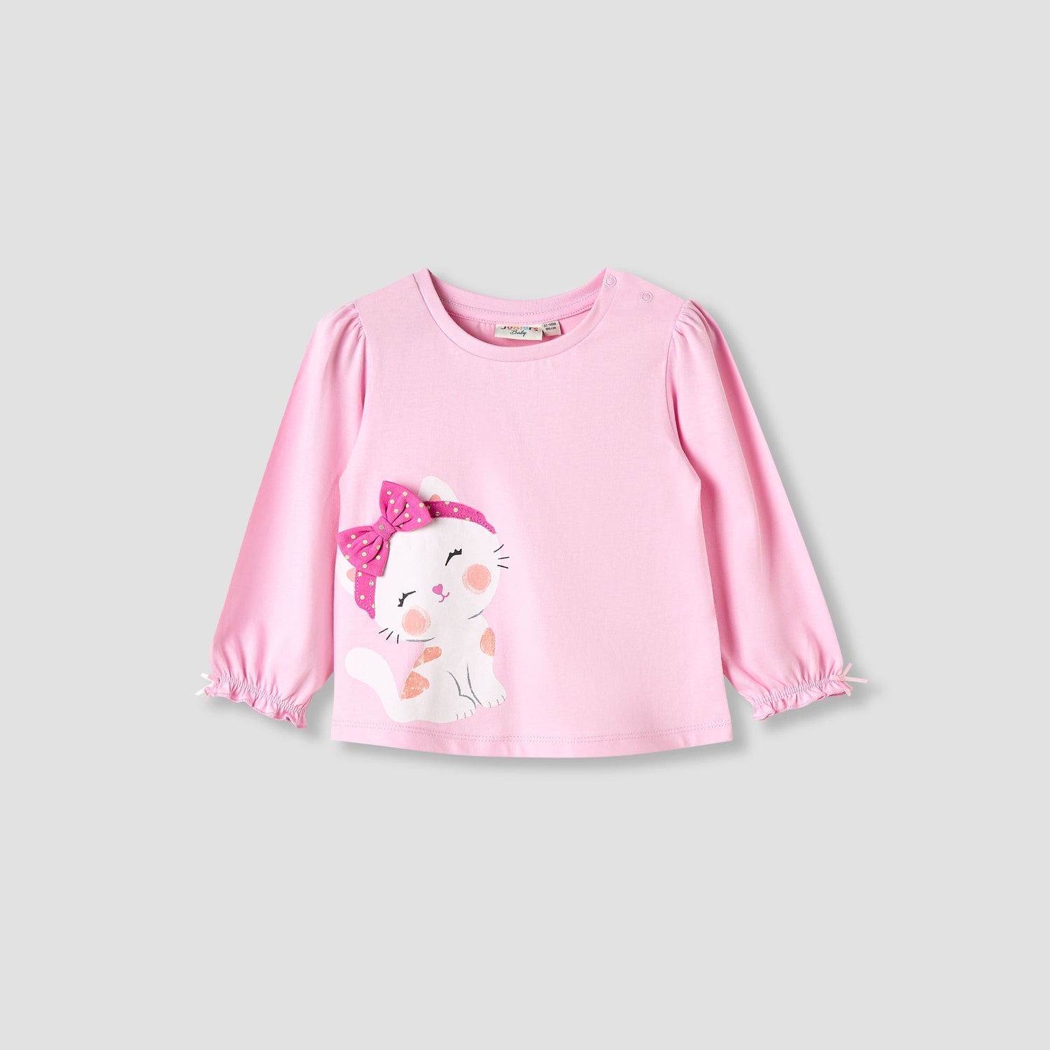 Juniors Girls Round Neck T-shirt with Snap Button Closure - Cotton - Long Sleeves - Pink / 12-18 mths