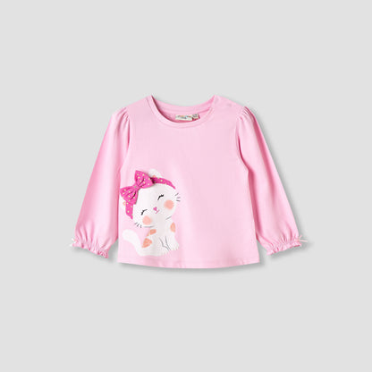 Juniors Girls Round Neck T-shirt with Snap Button Closure - Cotton - Long Sleeves - Pink / 12-18 mths