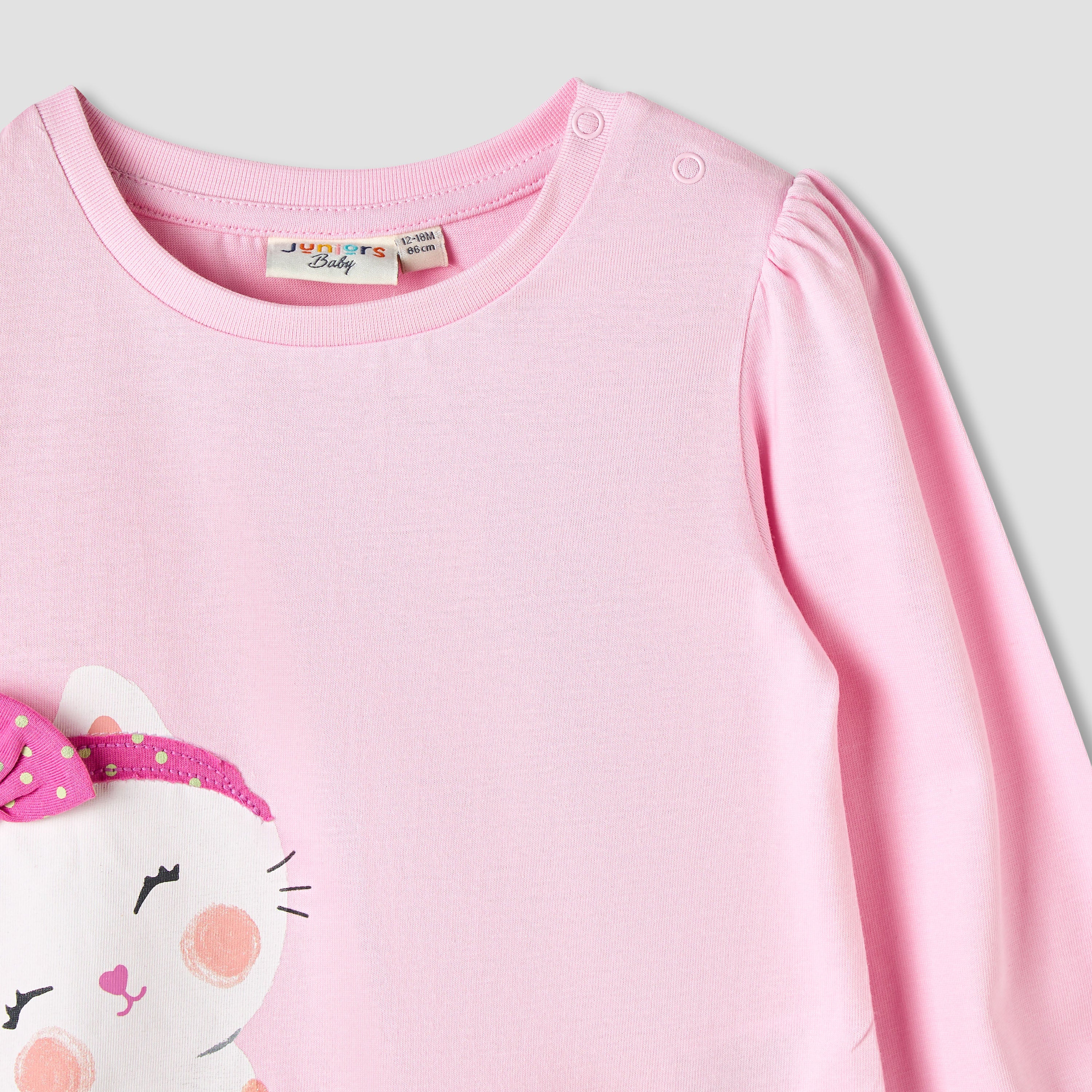 Juniors Girls Round Neck T-shirt with Snap Button Closure - Cotton - Long Sleeves