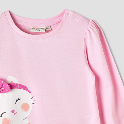 Juniors Girls Round Neck T-shirt with Snap Button Closure - Cotton - Long Sleeves