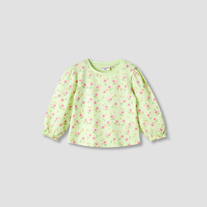 Juniors Girls Round Neck T-shirt with Snap Button Closure - Cotton - Long Sleeves - Green / 12-18 mths