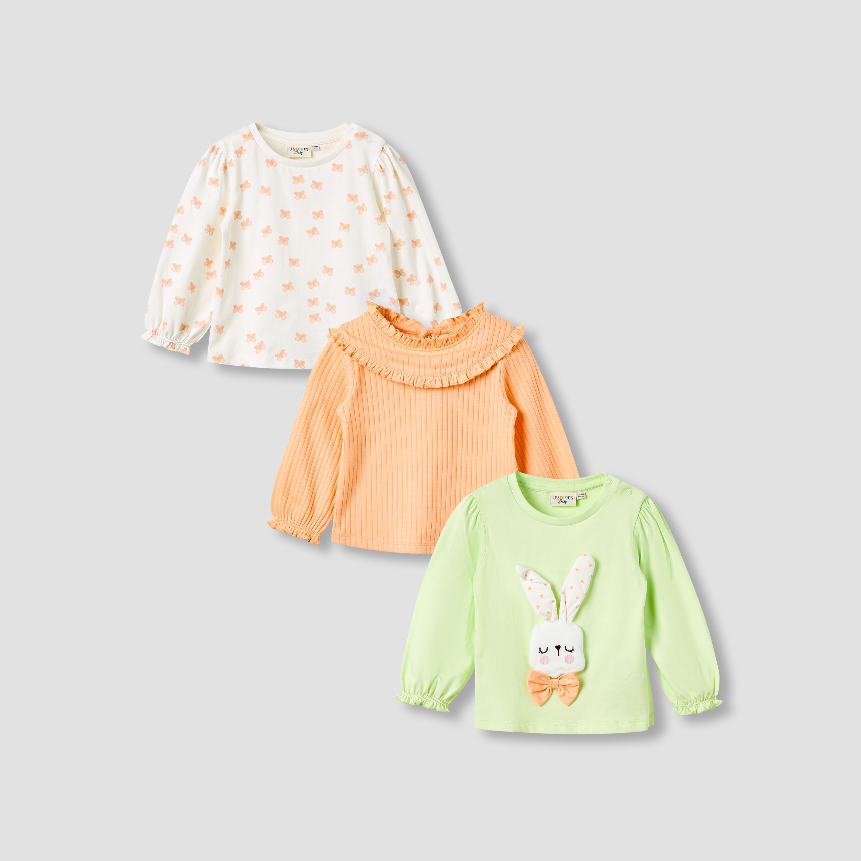 Juniors Girls Round Neck T-shirt - Cotton - Long Sleeves - Multicolour / 12-18 mths