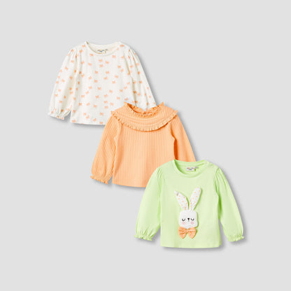 Juniors Girls Round Neck T-shirt - Cotton - Long Sleeves - Multicolour / 12-18 mths