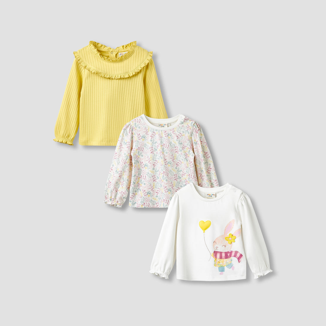 Juniors Girls Crew Neck T-shirt with Assorted Print - Cotton - Long Sleeve - Set of 3 - Multicolour / 12-18 mths
