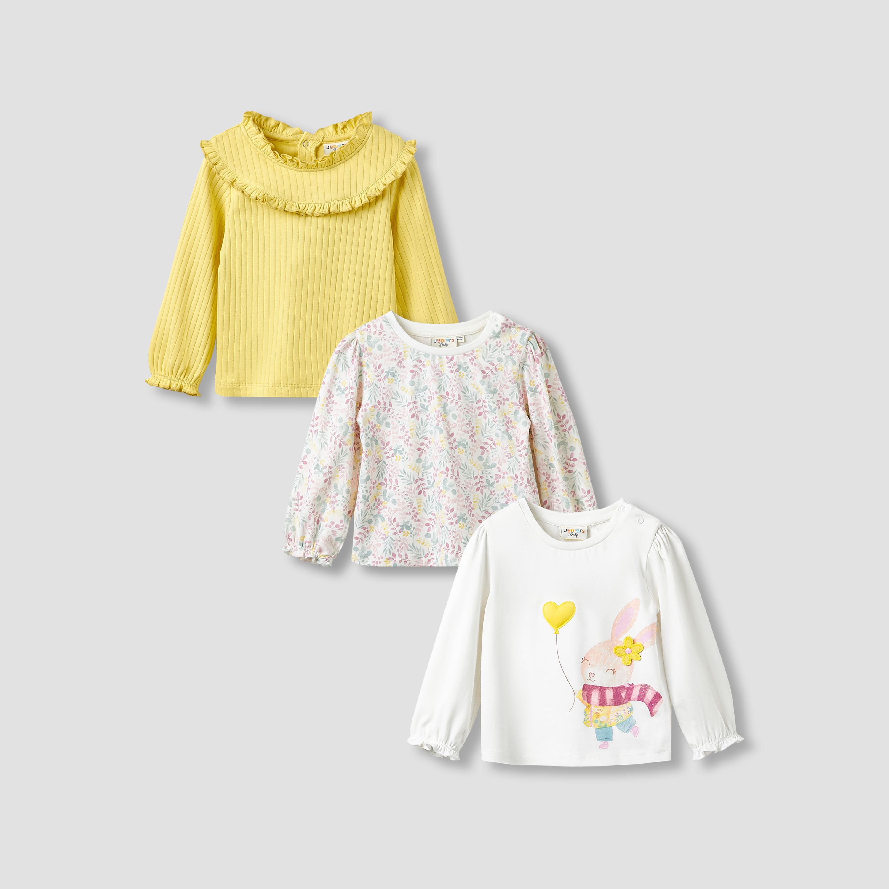 Juniors Girls Crew Neck T-shirt with Assorted Print - Cotton - Long Sleeve - Set of 3 - Multicolour / 12-18 mths