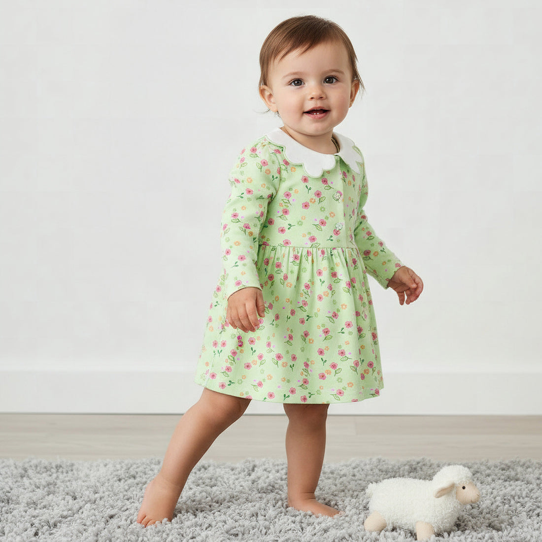 Juniors Collared Long Sleeves A-Line Dress with Floral Print - Green / 12-18 mths
