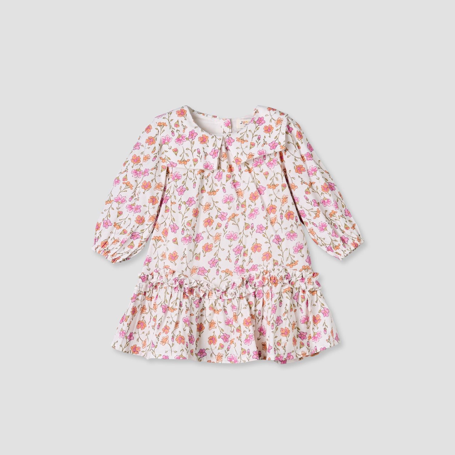 Juniors Collared Long Sleeves A-Line Dress with Floral Print and Ruffled Hem - White / 12-18 mths