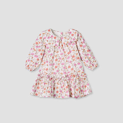 Juniors Collared Long Sleeves A-Line Dress with Floral Print and Ruffled Hem - White / 12-18 mths