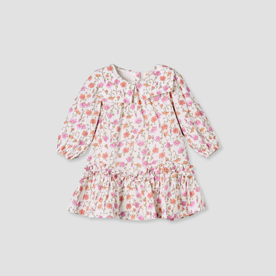 Juniors Collared Long Sleeves A-Line Dress with Floral Print and Ruffled Hem