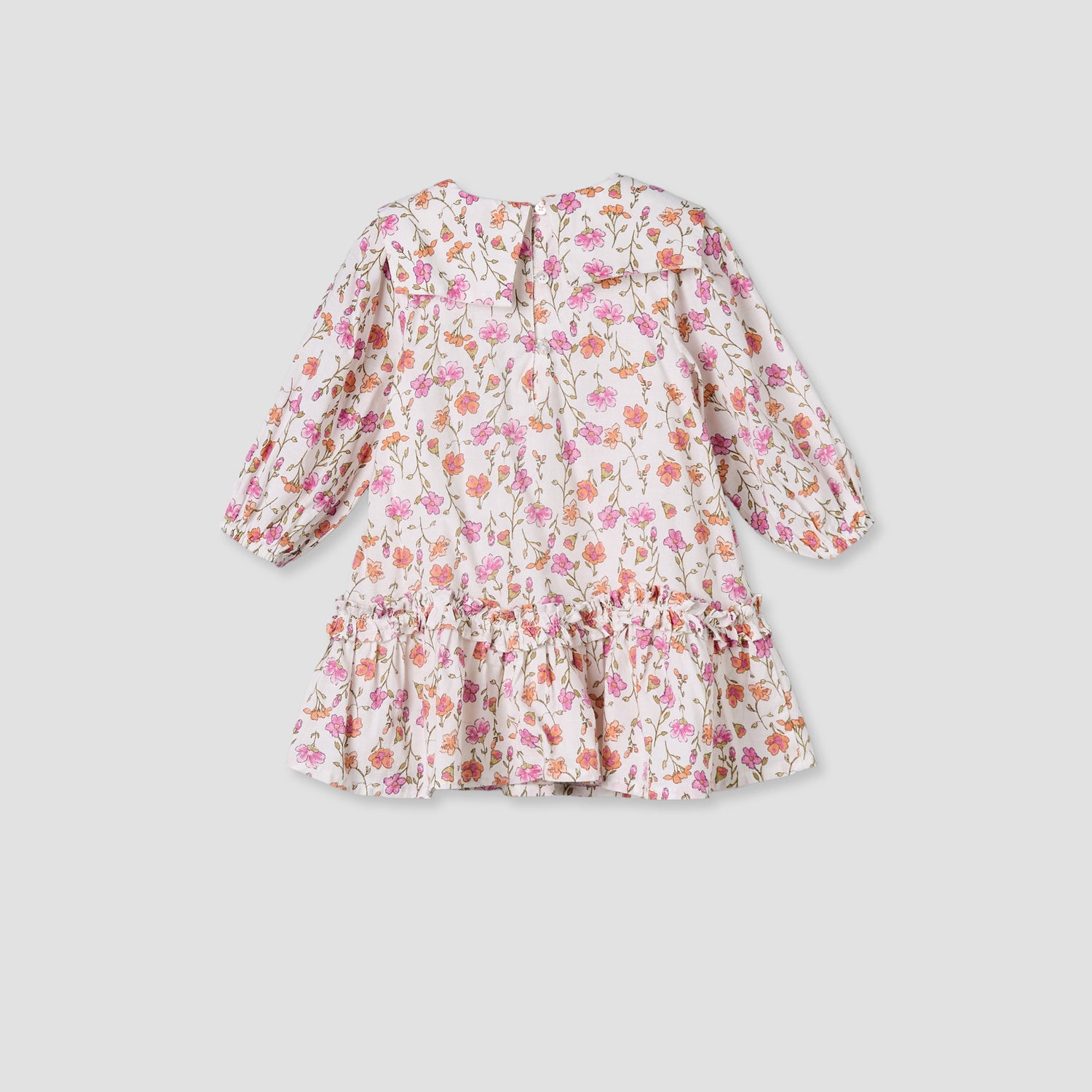Juniors Collared Long Sleeves A-Line Dress with Floral Print and Ruffled Hem
