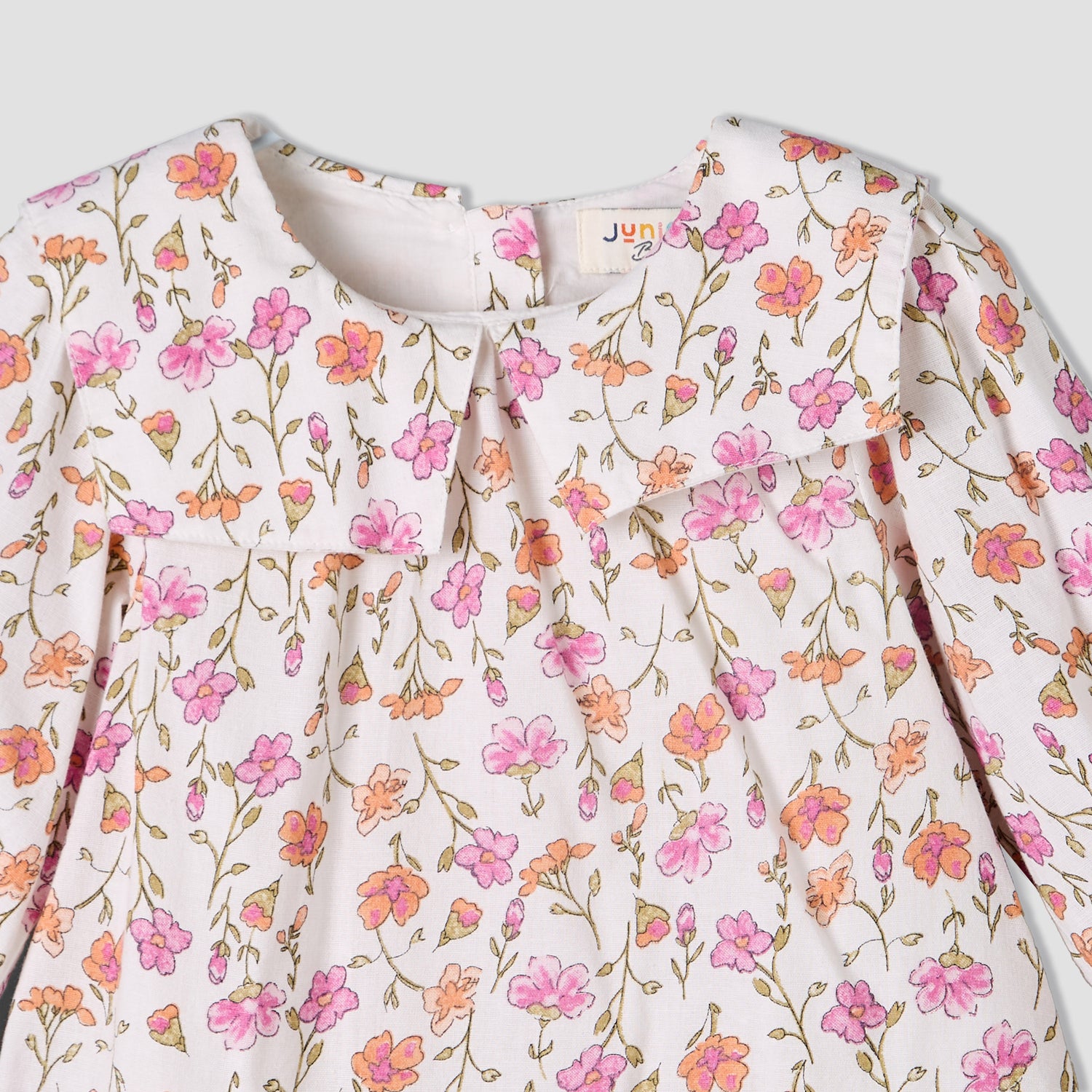 Juniors Collared Long Sleeves A-Line Dress with Floral Print and Ruffled Hem
