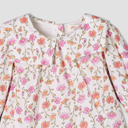 Juniors Collared Long Sleeves A-Line Dress with Floral Print and Ruffled Hem