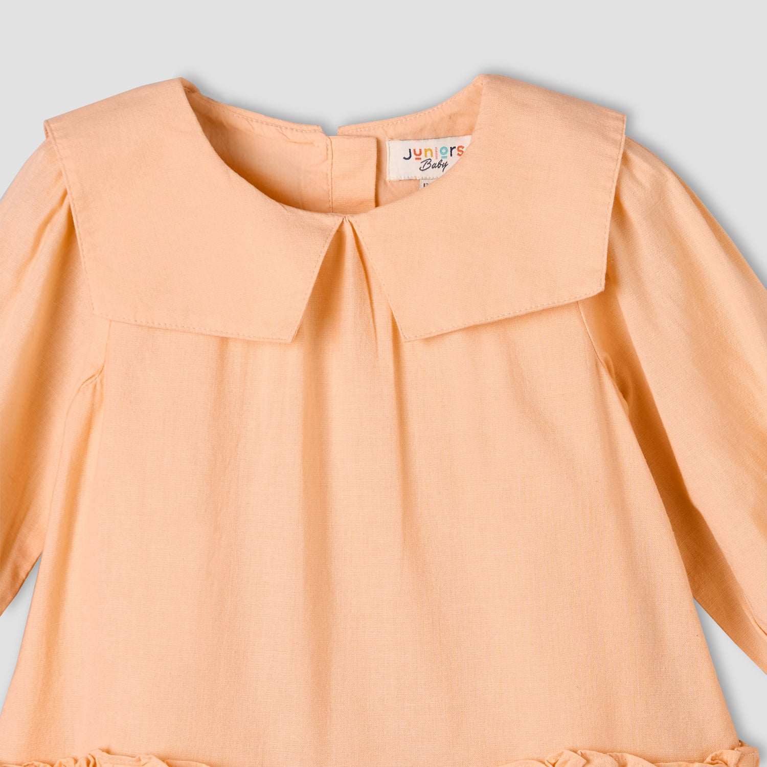Juniors Collared Long Sleeves A-Line Dress with Ruffled Hem